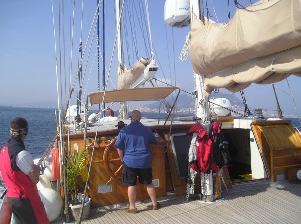 The 90 foot, 96 ton sailing boat "AWOL again", arriving in Gibraltar after an Atlantic crossing